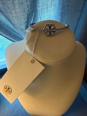 Tory Burch Silver Beaded Logo Disc Bracelet